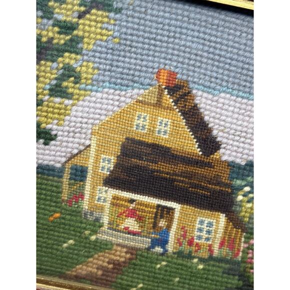 VTG Framed Needlepoint Art House Porch Cottagecore Decor Early American - Picture 3 of 6